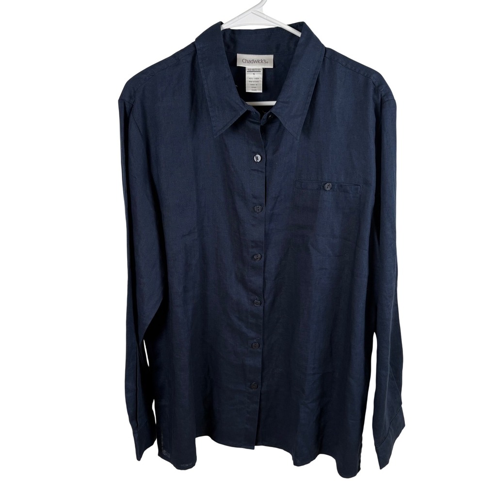 Chadwick's 100% Linen Button Up Shirt Women's 16 Navy Blue Coastal Minimalist
